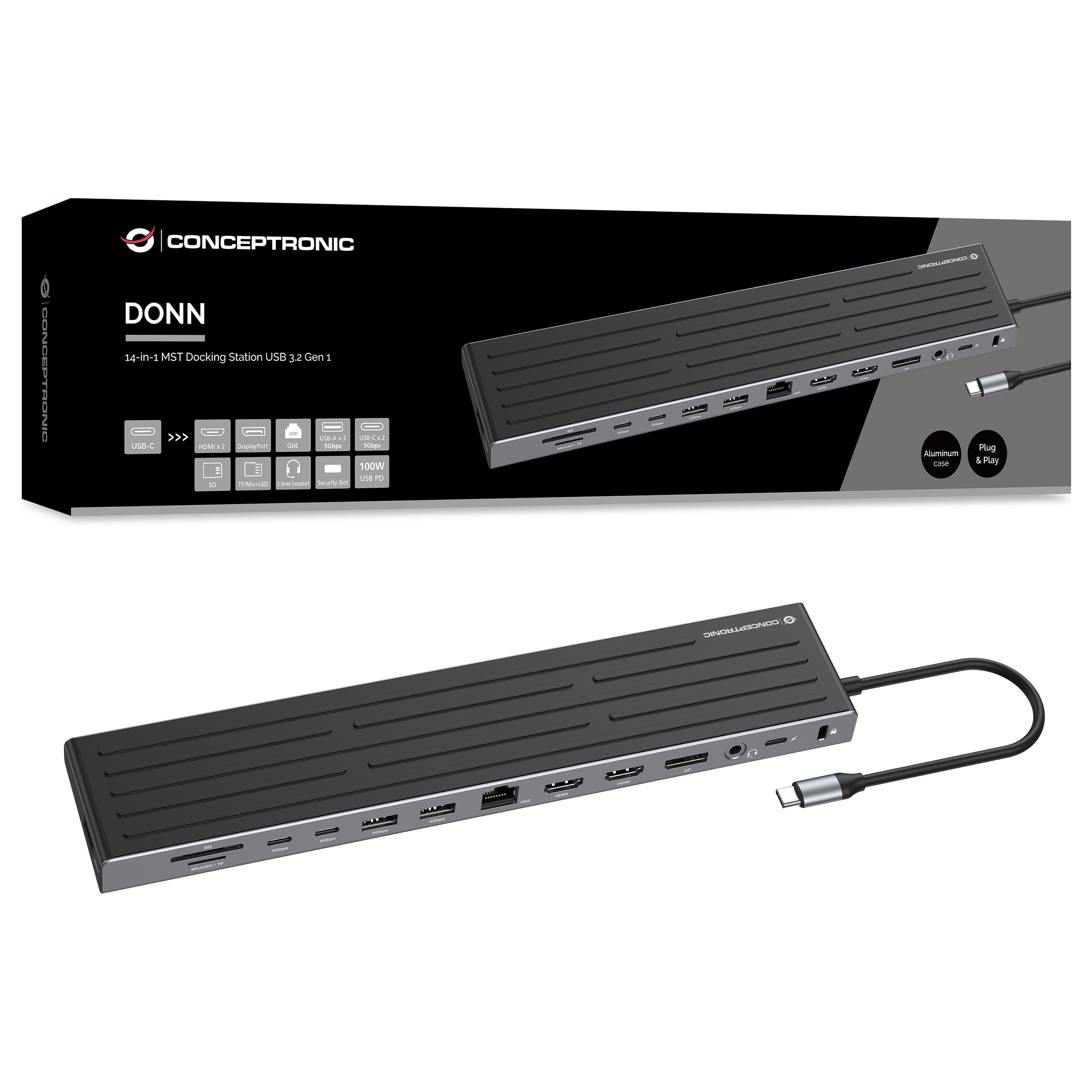Docking Station CONCEPTRONIC 14-në-1 USB-C në 2xHDMI/DP/2xUSB-C - Zezë - 6
