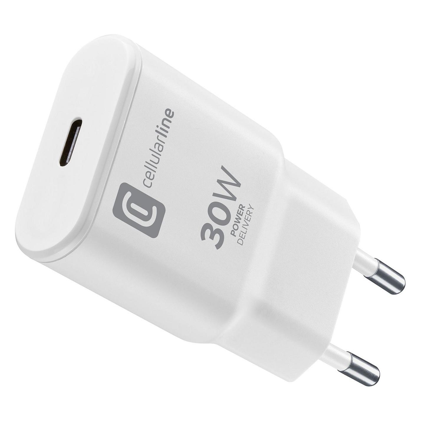 Karikues Cellularline ACHUSBCGANSL30WW / 30W / 1x USB-C / GaN / PD / Fast Charging - Bardhë