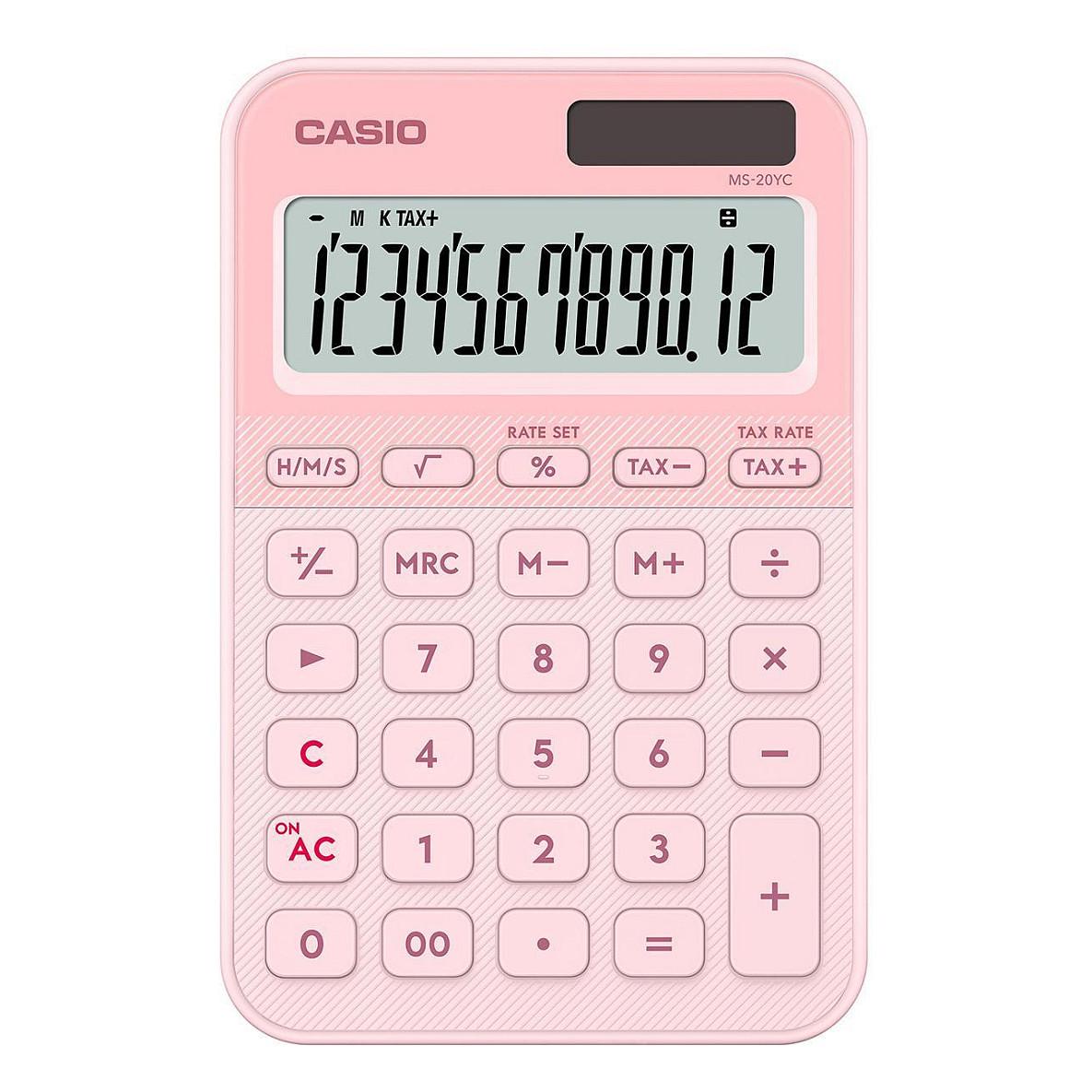 Kalkulator Casio MS-20YC-LP, 12 Shifra, Ekran LCD, Energji Solare dhe Bateri, Llogaritje Taksash – Rozë