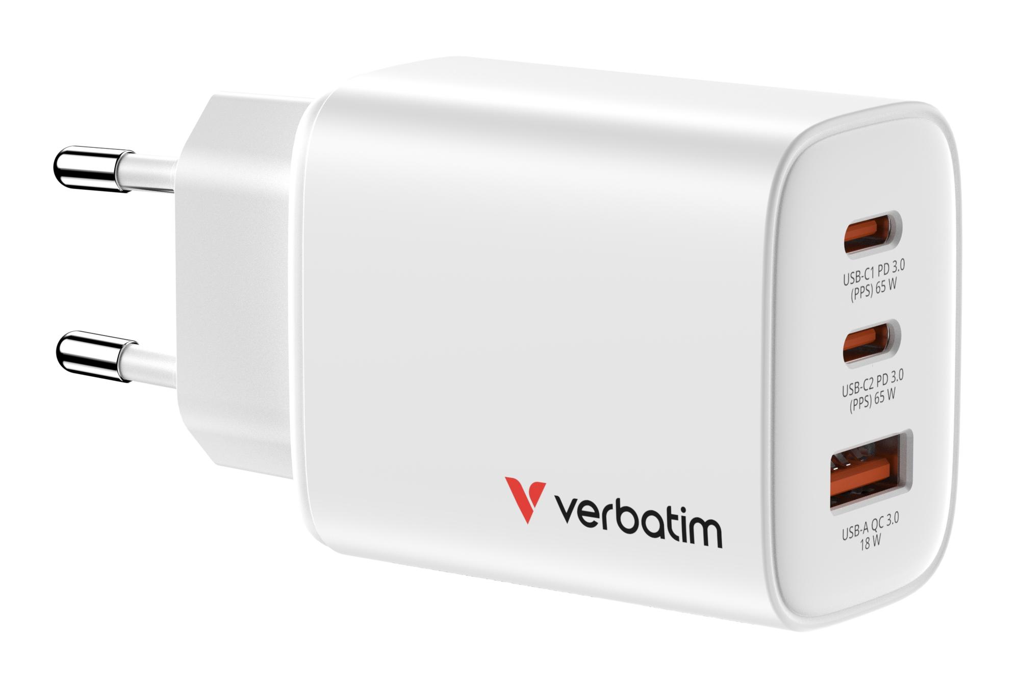 Karikues Verbatim Essentials GaN / 32353 / 65W / 2x USB-C + USB-A / PD 3.0 / PPS / QC 3.0 – Bardhë