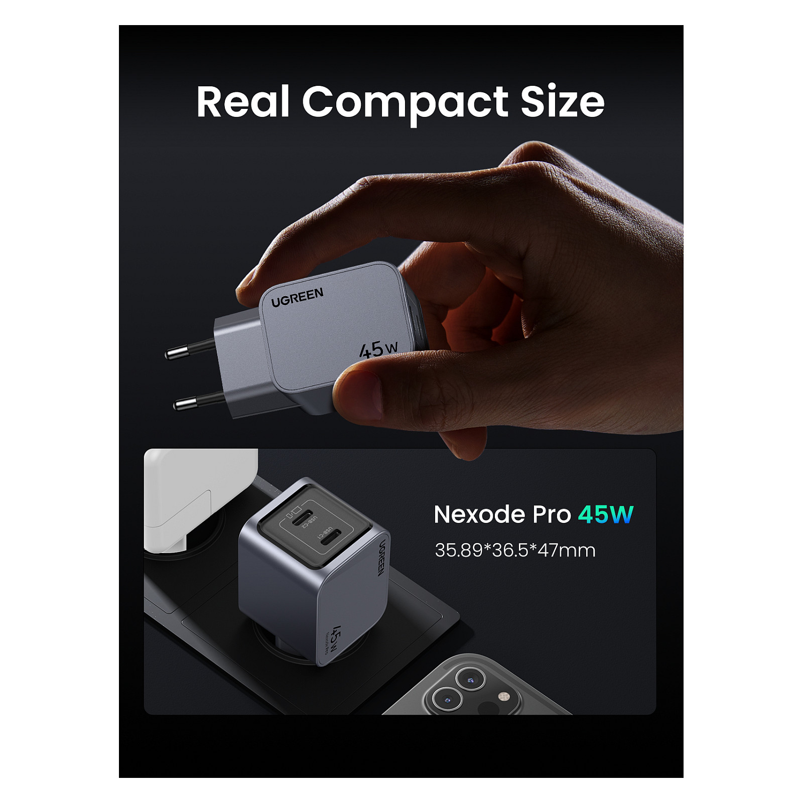 Adapter UGREEN Nexode Pro 45W me 2 Porta USB-C GaN / EU - Gri - 7