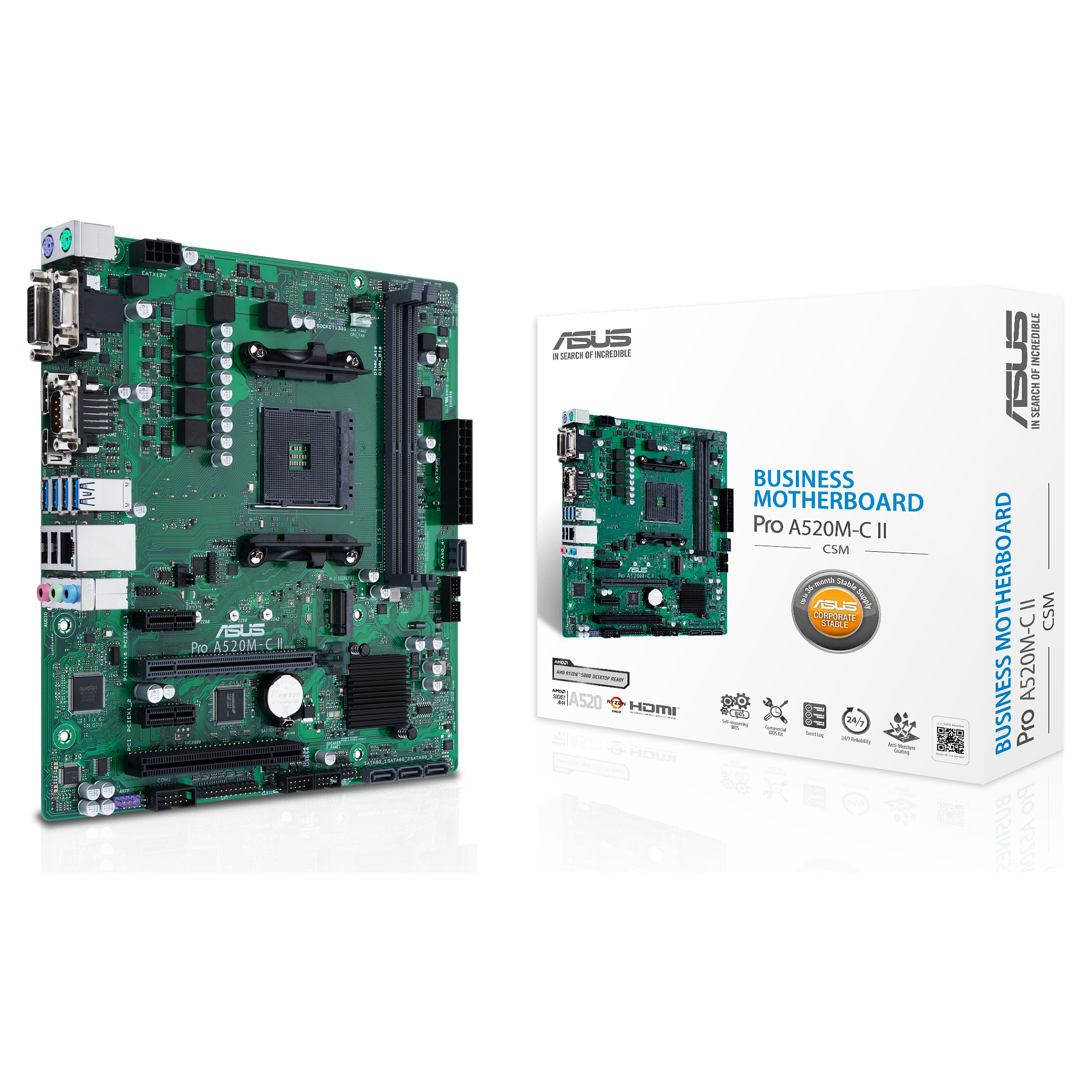 Pllakë Amë AMD AM4 ASUS PRO A520M-C II/CSM D4 / mATX  / DDR4 / HDMI+DP+VGA+DVI - 1