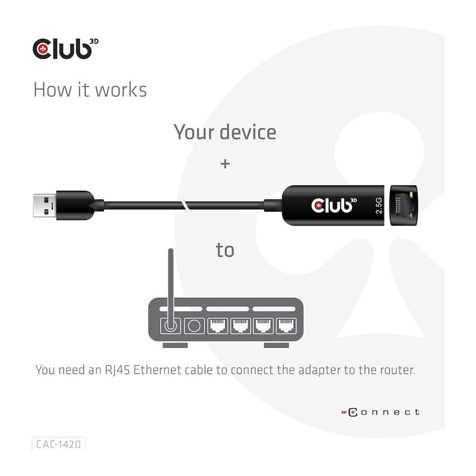 Adapter USB Club 3D CAC-1420 / USB-A në Gigabit Ethernet / RJ-45 / 2.5 Gbit/s / USB 3.2 Gen 1 - Zezë - 6
