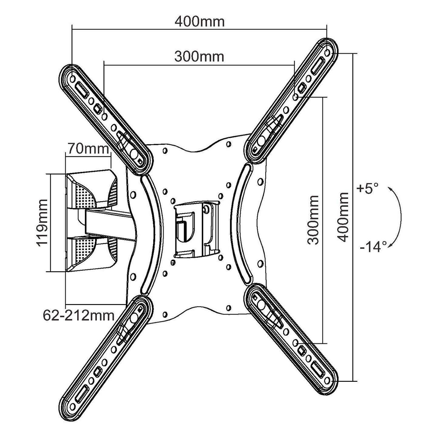 Mbajtëse Muri për TV Equip 650406 / 13"-55" / 30kg / Full Motion / Tilt -14° deri +5° / Swivel 45° - Zezë - 5