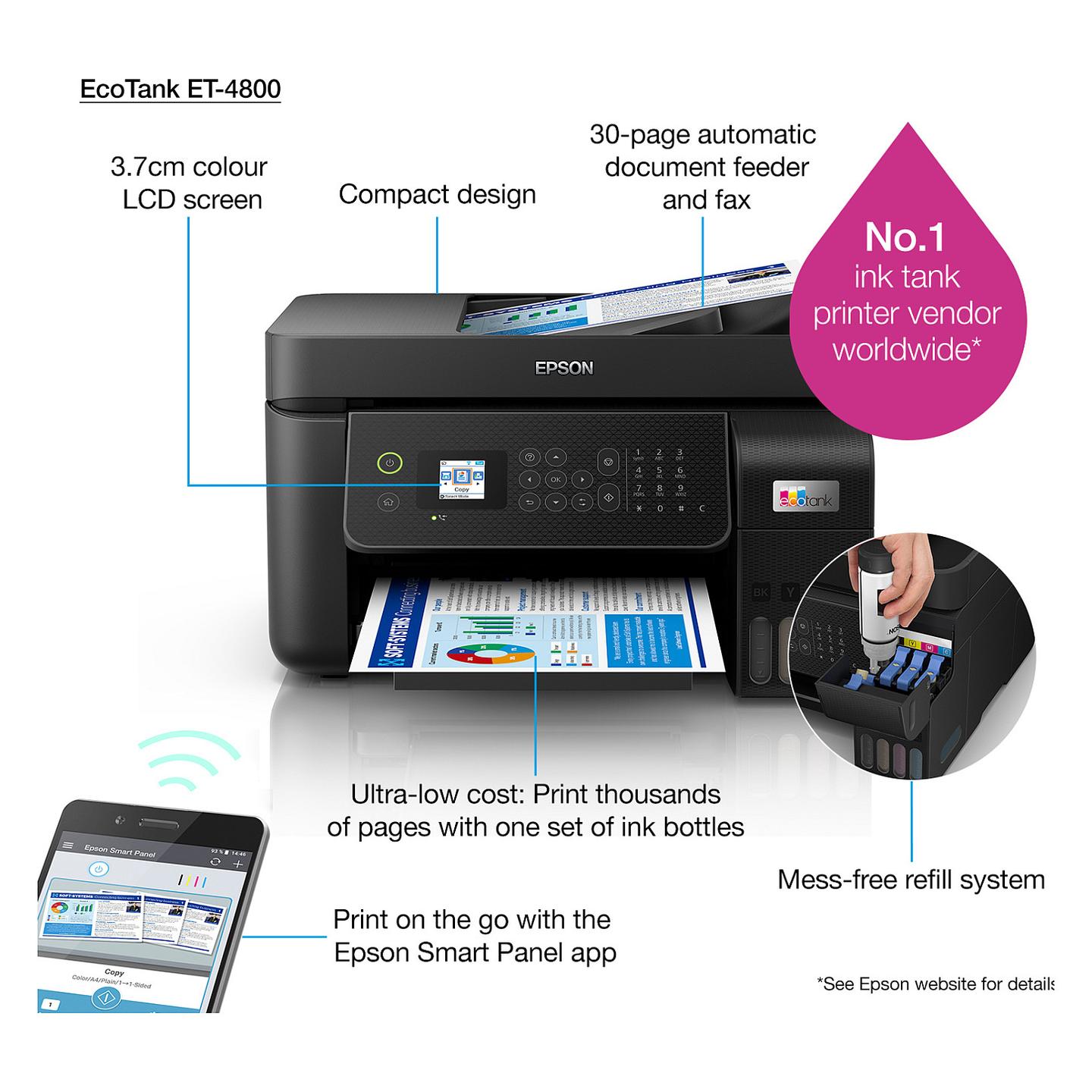 Printer Multifunksional me Ngjyra Epson EcoTank ET-4800 / A4 / Inkjet / 5760 × 1440 DPI / 15 ppm / ADF / Fax / Wi-Fi / Ethernet / USB - Zezë - 17