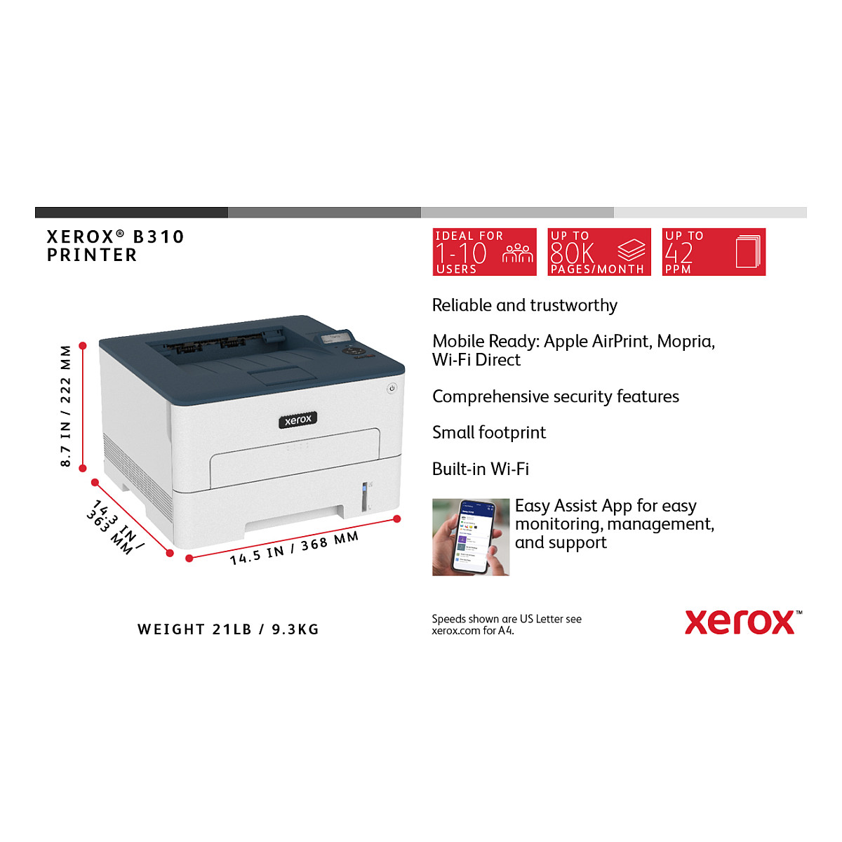 Printer Laser Xerox B310 / 40ppm / 2400dpi / A4 / LAN WLAN - Bardhë - 11
