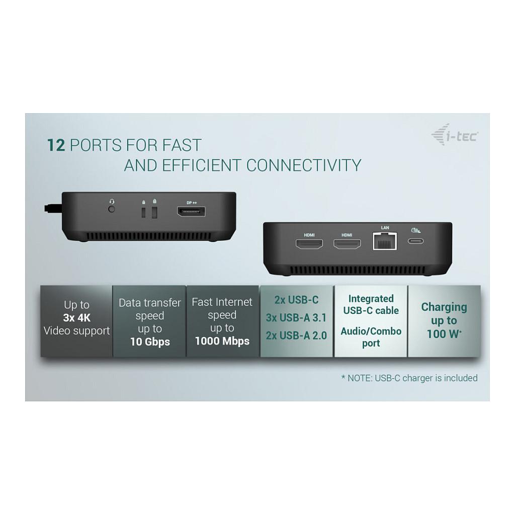 Docking Station i-tec C31TRIVIDPRO100W, USB-C, 2x HDMI, 1x DisplayPort++, 6x USB, Power Delivery 100W, Karikues USB-C 100W - Zezë - 9