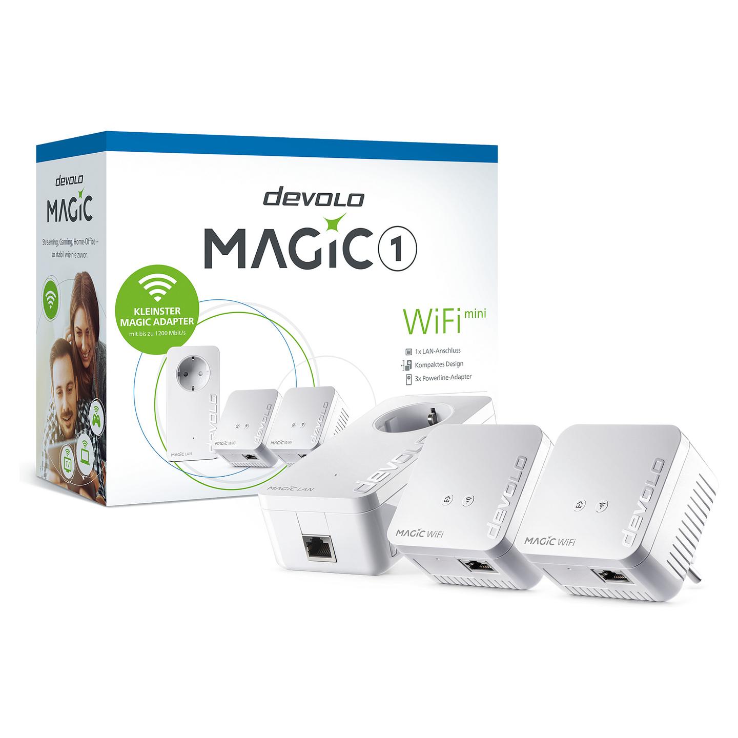 Power-LAN devolo Magic 1 WiFi mini Network Kit, 1200Mbps, G.hn, Wi-Fi 4 300Mbps, 3× Fast Ethernet 10/100Mbps, Mesh, MIMO - Bardhë