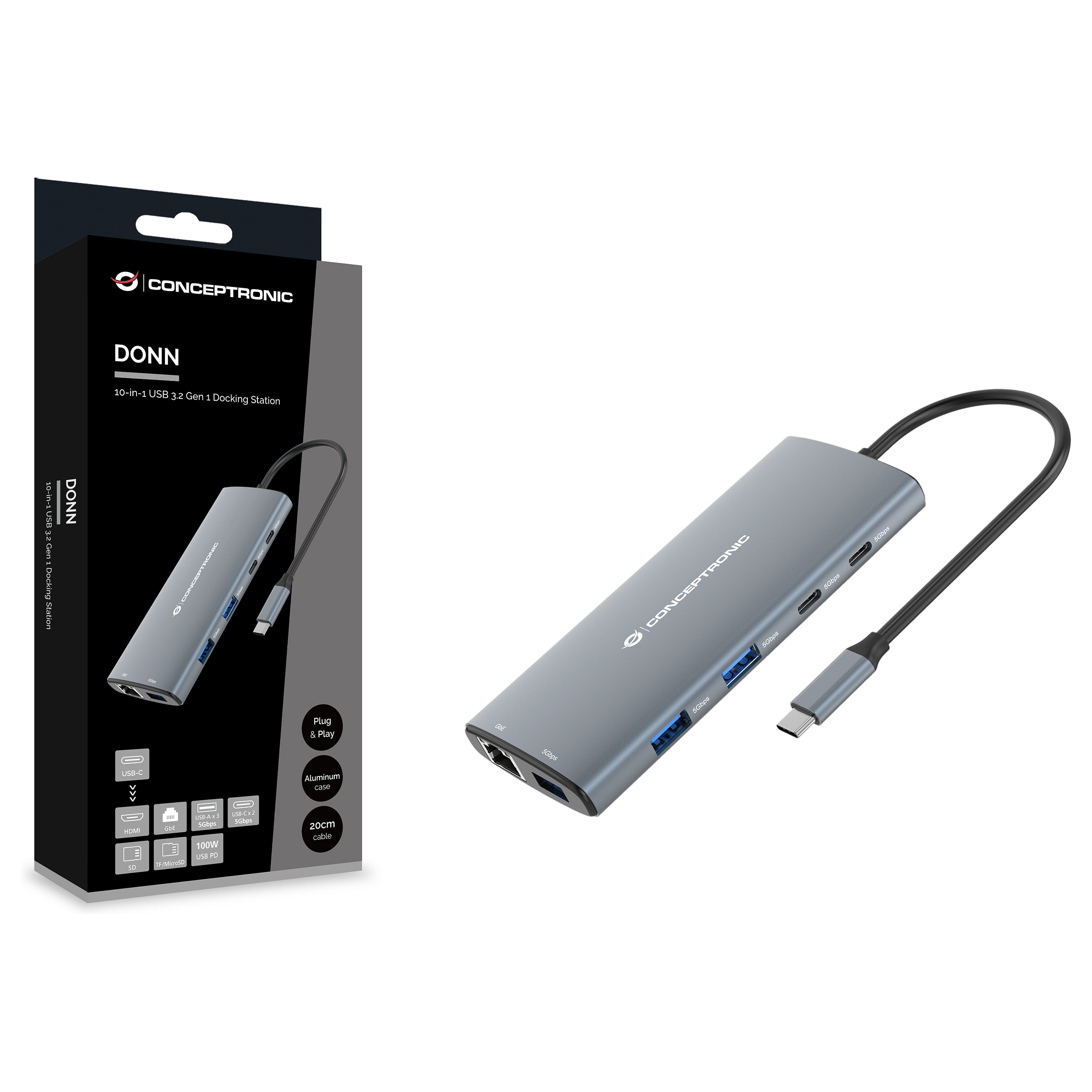 Hub Udhëtimi CONCEPTRONIC 10-në-1 USB-C në HDMI/2xUSB-C/3xUSB-A - Hiri - 6
