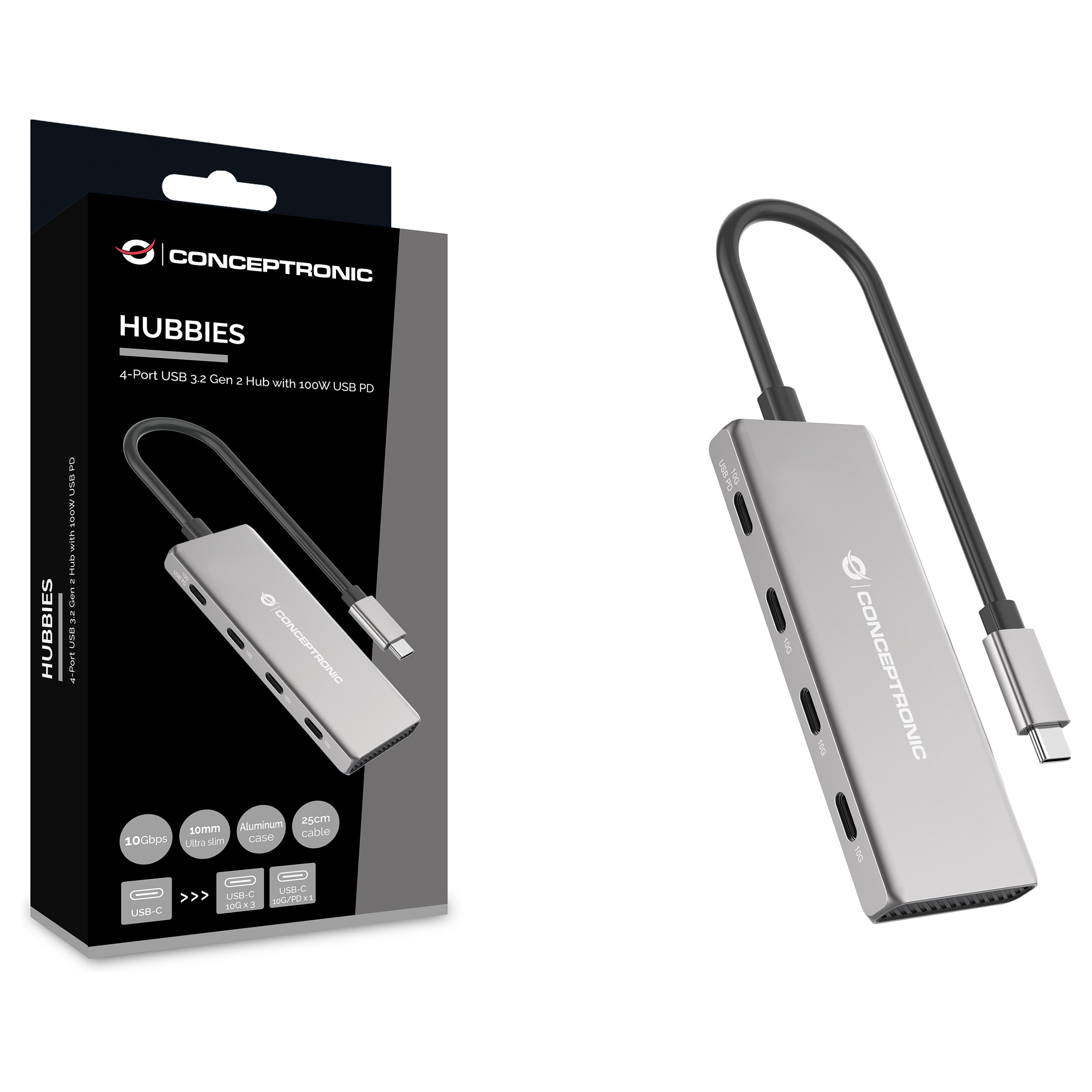 Hub Udhëtimi CONCEPTRONIC 4-në-1 USB-C në 3xUSB-C 100W PD - Hiri - 5