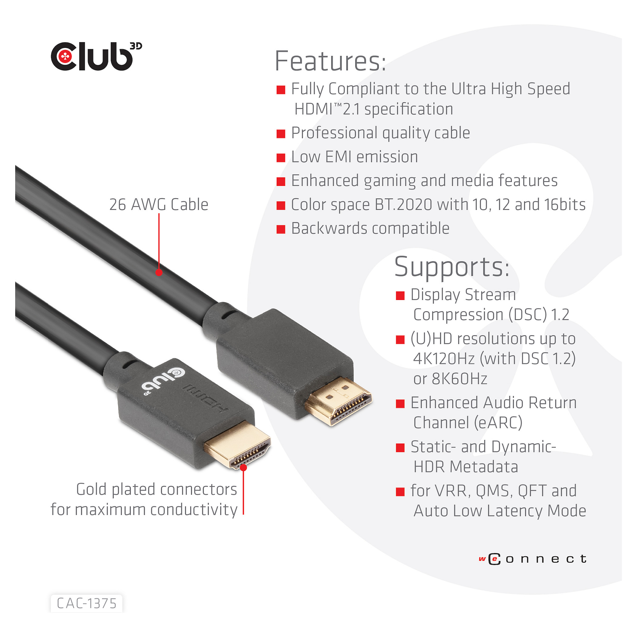 Kabllo HDMI Club3D / HDMI-A Plug → HDMI-A Plug / Version 2.1 / Ultra High Speed / 10K HDR / 5.0m - Zezë - 8