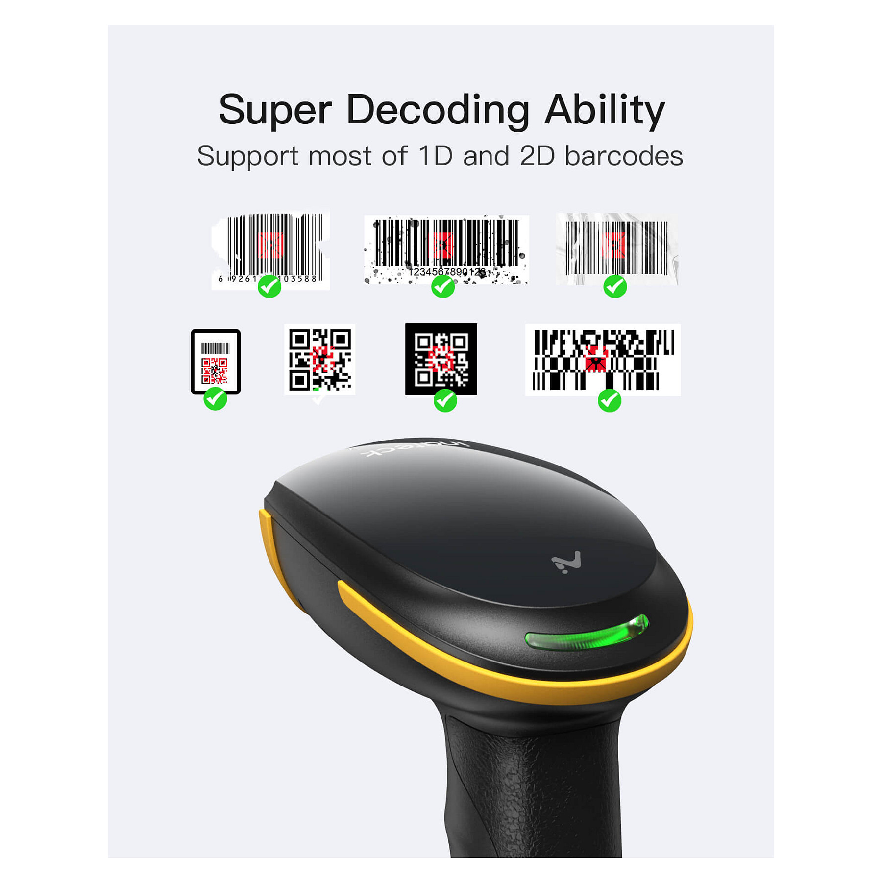 Skaner Barkodesh Inateck BCST-36 / 1D/2D / Bluetooth / USB / Auto-Induction / 2000mAh - Zezë/Verdhë - 2