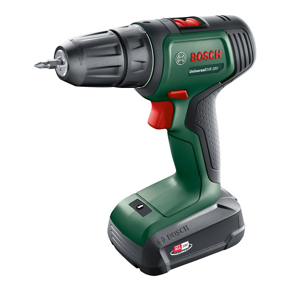Shpuese-Vidator me Bateri Bosch UniversalDrill 18V, 40Nm, 2 Shpejtësi, Mandrinë 10mm, 1x1.5Ah, Karikues, Valixhe - Gjelbër/Zezë