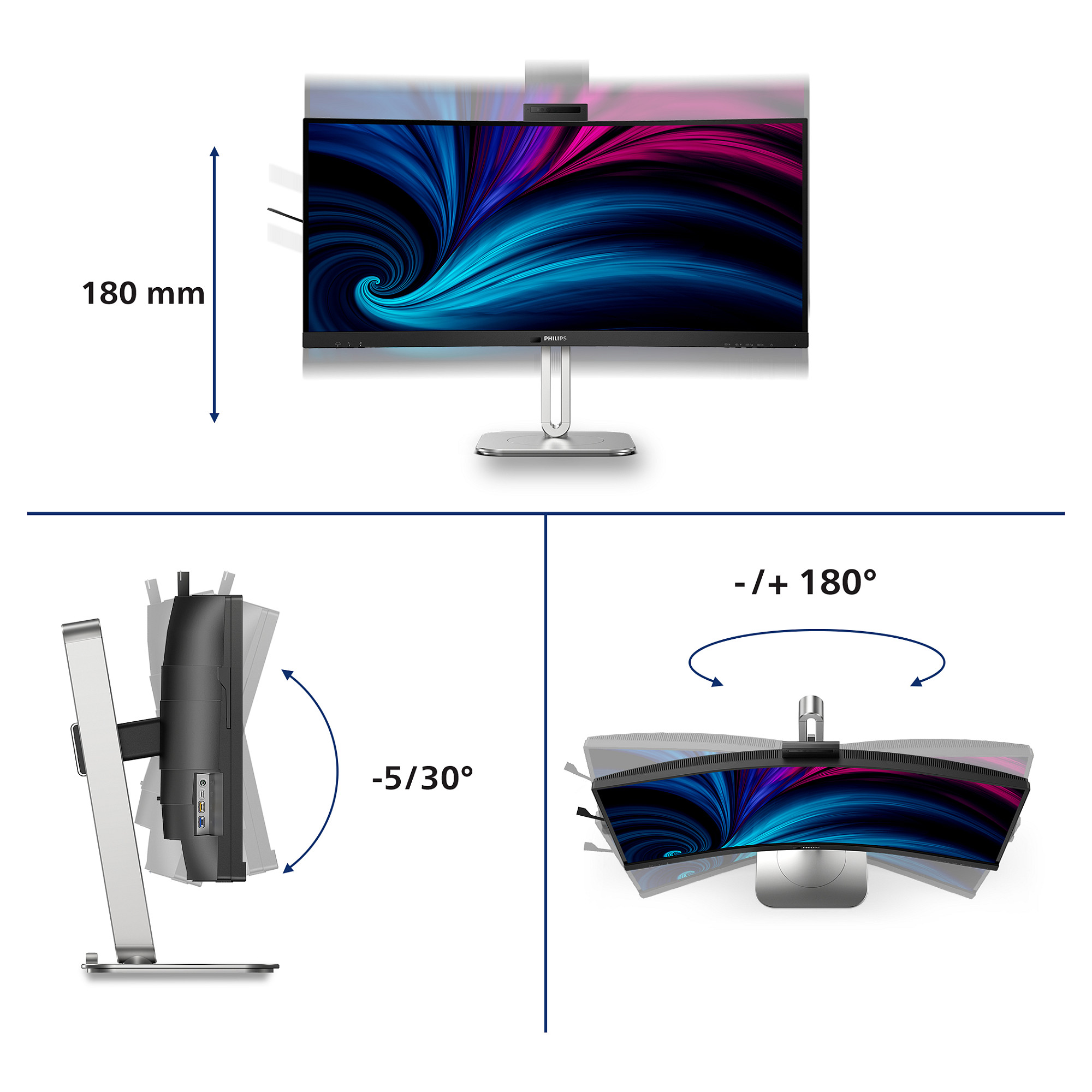 Monitor Philips 34B2U6603CH / 34″ / UWQHD VA LCD / 120 Hz / 4 ms / HDMI + DP + USB-C - Gri - 6
