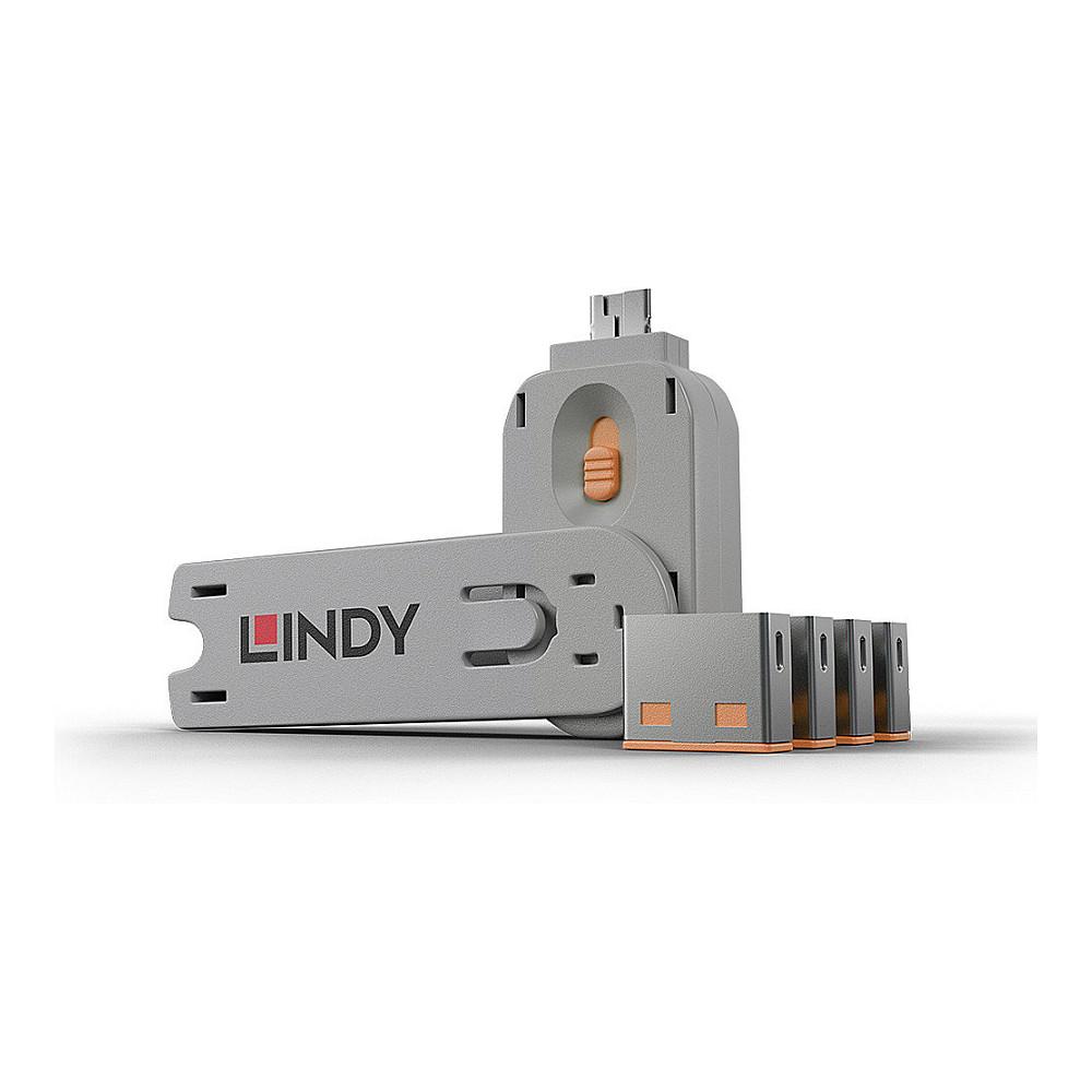Bllokues portash Lindy 40453, USB-A, 4 copë, me çelës - Portokalli - 1