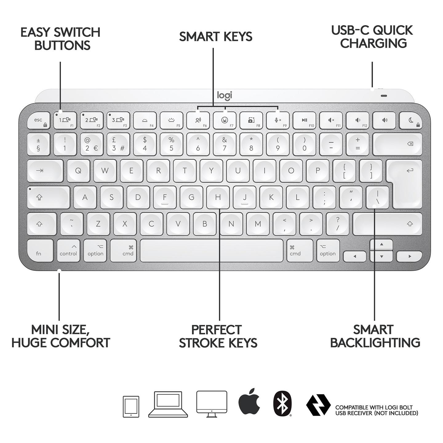 Tastierë pa kabllo Logitech MX Keys Mini for Mac / Bluetooth / AZERTY (FR) / Mini / Smart Illumination / 79 Taste / Scissor – Gri e çelët - 9