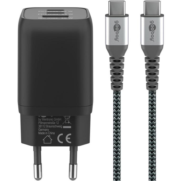 Kabllo & Adapter Goobay 70180 / GaN / 65W / 2x USB-C PD / USB-A QC 3.0 / USB-C në USB-C / 1m - Zezë