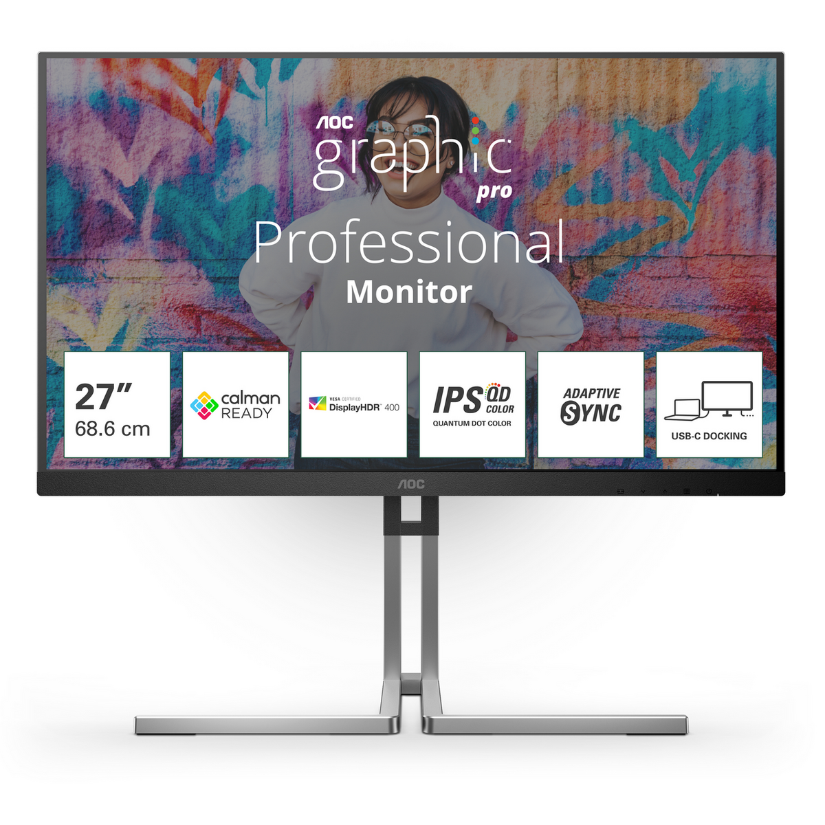 Monitor AOC Graphic Pro Q27U3CV / 27"/ 4K Ultra HD IPS / LCD / 75Hz / 4ms / HDMI + DisplayPort + HDCP + USB - Zezë/Argjend - 1