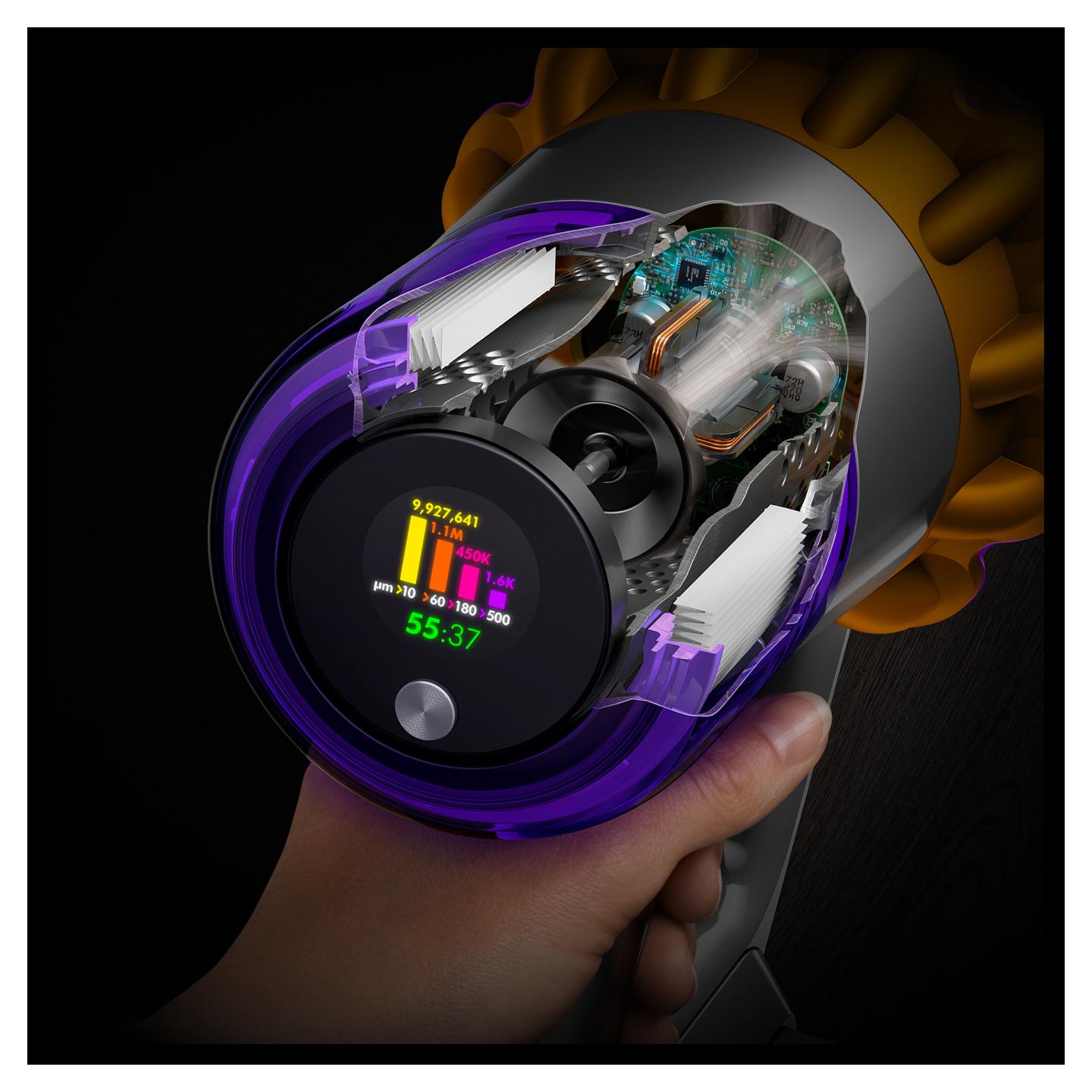 Fshesë Elektrike Dyson V15 Detect Absolute (2026), 240AW, 0.77L, 60min, HEPA, LCD, Laser, Digital Motorbar - Verdhë, Vjollcë, Gri - 8