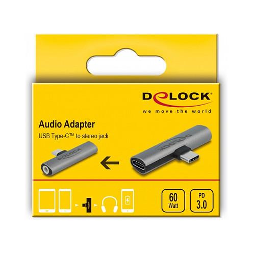 Adapter Audio USB DeLOCK 64186 / USB Type-C Mashkull në Jack 3.5 mm Femër + USB Type-C Femër / PD 3.0 / 60 W - Gri - 3