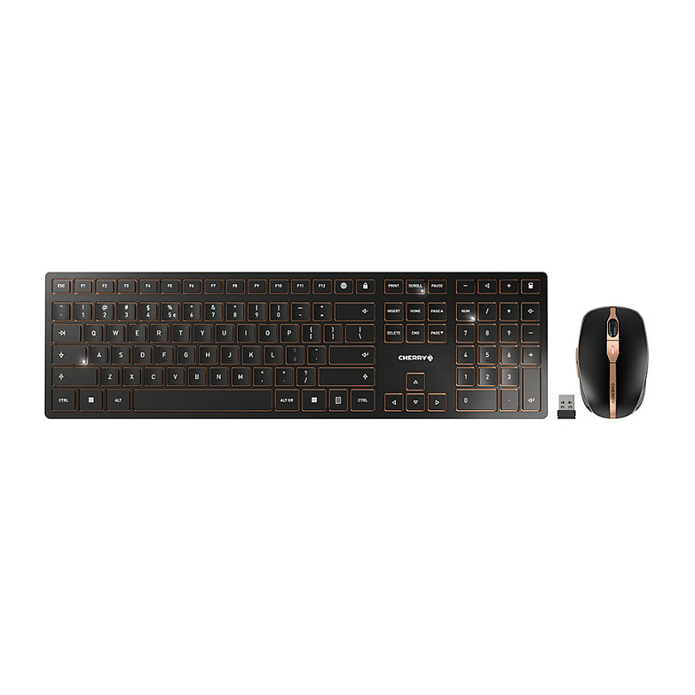 Set tastierë dhe maus pa kabllo CHERRY DW 9000 SLIM / Full Size / Scissor / Dual Mode / 650 mAh / QWERTY US / 1600 DPI / 6 Butona – E Zezë/Bronz  