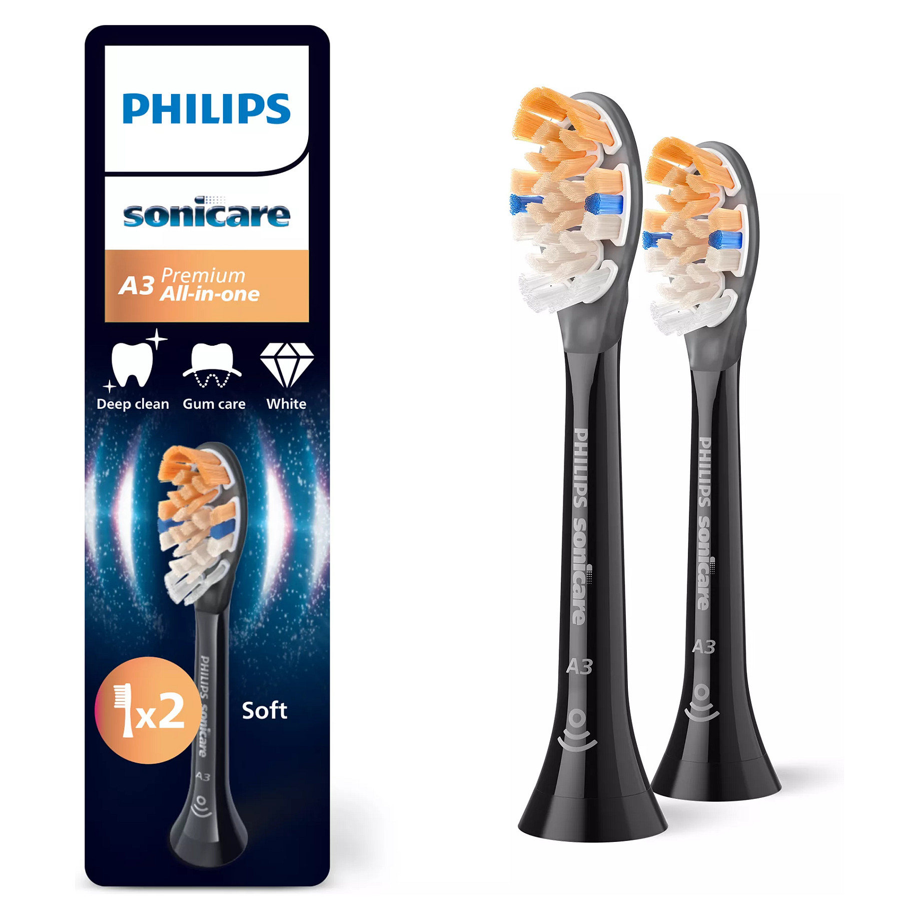 Koka zëvendësuese për furçë dhëmbësh Philips Sonicare A3 Premium All-in-One HX9092/88 / BrushSync / Click-On / 2 Copë – Zezë