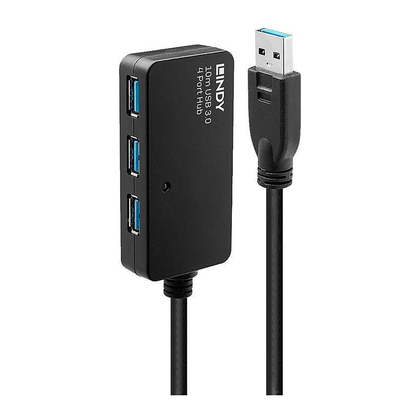 Hubs LINDY 43159, USB 3.0, 4x USB-A, Zgjatuese Aktive, 10m, 5Gbps - Zezë