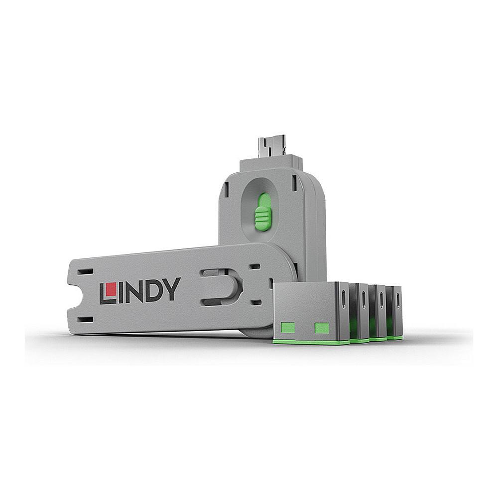 Bllokues portash Lindy 40451, USB-A, 4 copë, me çelës - Gjelbër