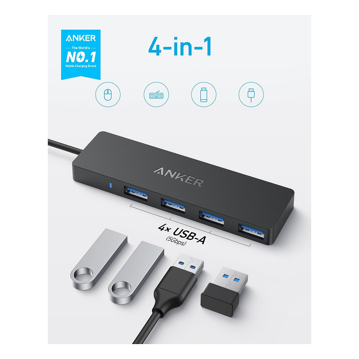 HUB Anker USB‑A / 4 Porta USB 3.0 / 5 Gbit/s / Me kabllo 20cm - Zezë - 3