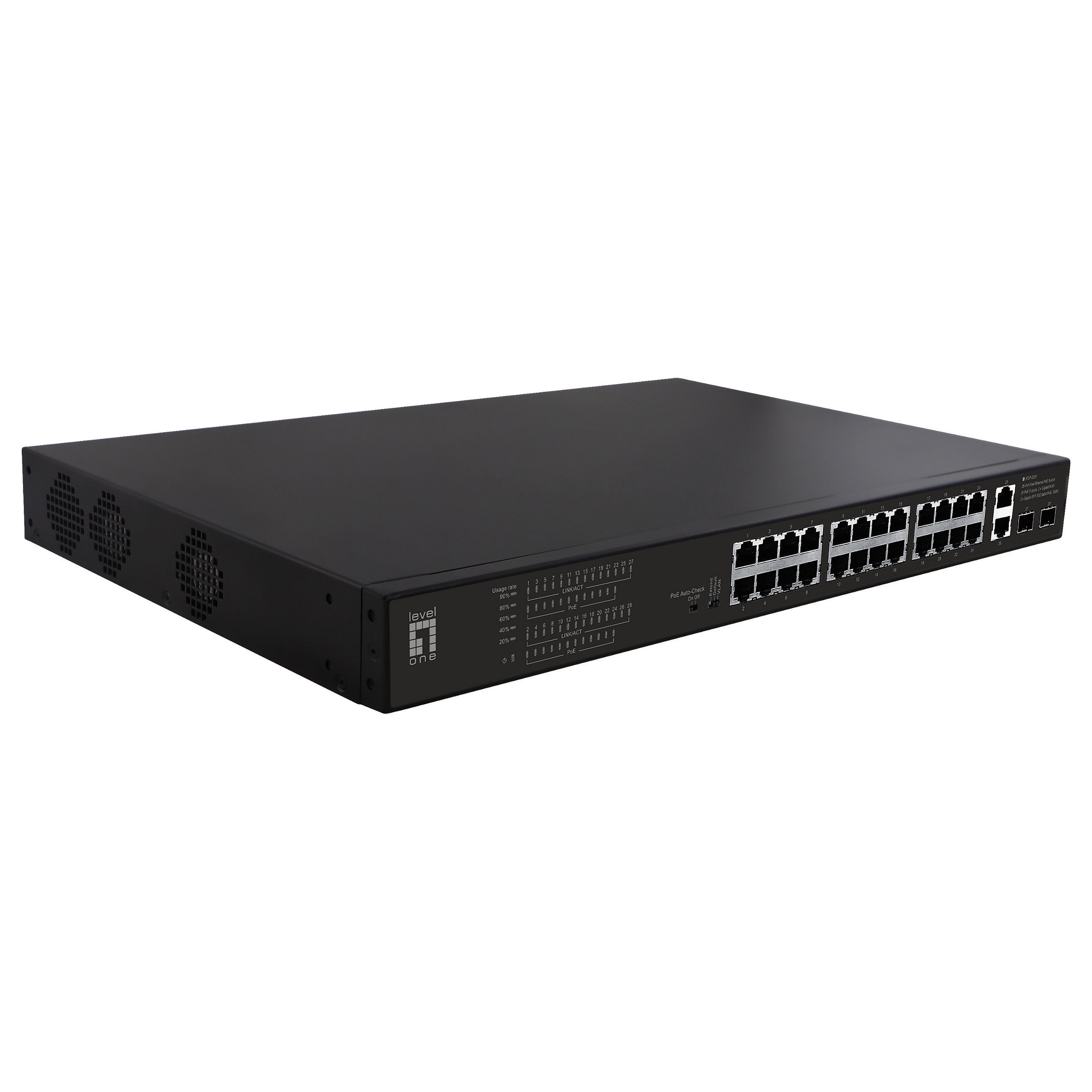 Switch 24x FE FGP-2831 2xGE 2xGSFP 19" 390W 24xPoE+ - 1