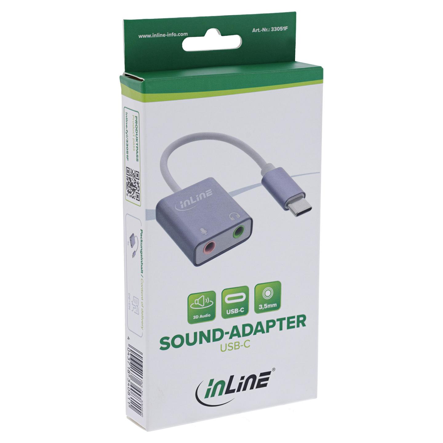 Adapter Audio InLine 33051F, USB-C në 2x 3.5 mm, Kufje dhe Mikrofon, DAC, USB 2.0, Kabllo 12 cm – Argjend - 2