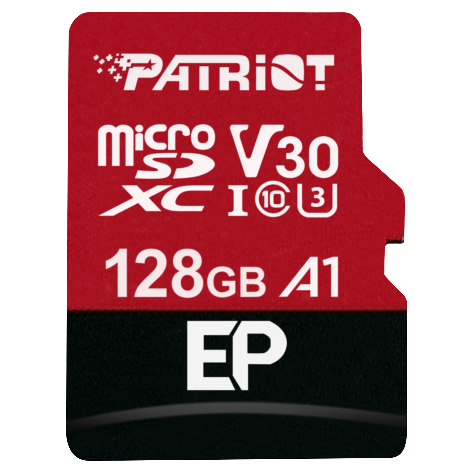 Kartë Memorie SD Patriot EP Series / PEF128GEP31MCX / 128GB / microSDXC / UHS-I U3 / Class 10 / V30 / A1 / 100MB/s - Zezë/Kuqe