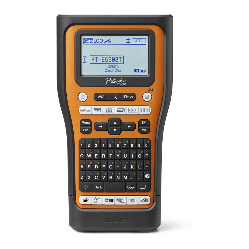 Printer Label Mobile Brother PT-E560BTSP / Për Etiketa / Termal / 180 DPI / 24mm / 30 mm/sec / USB + Bluetooth - Portokalli