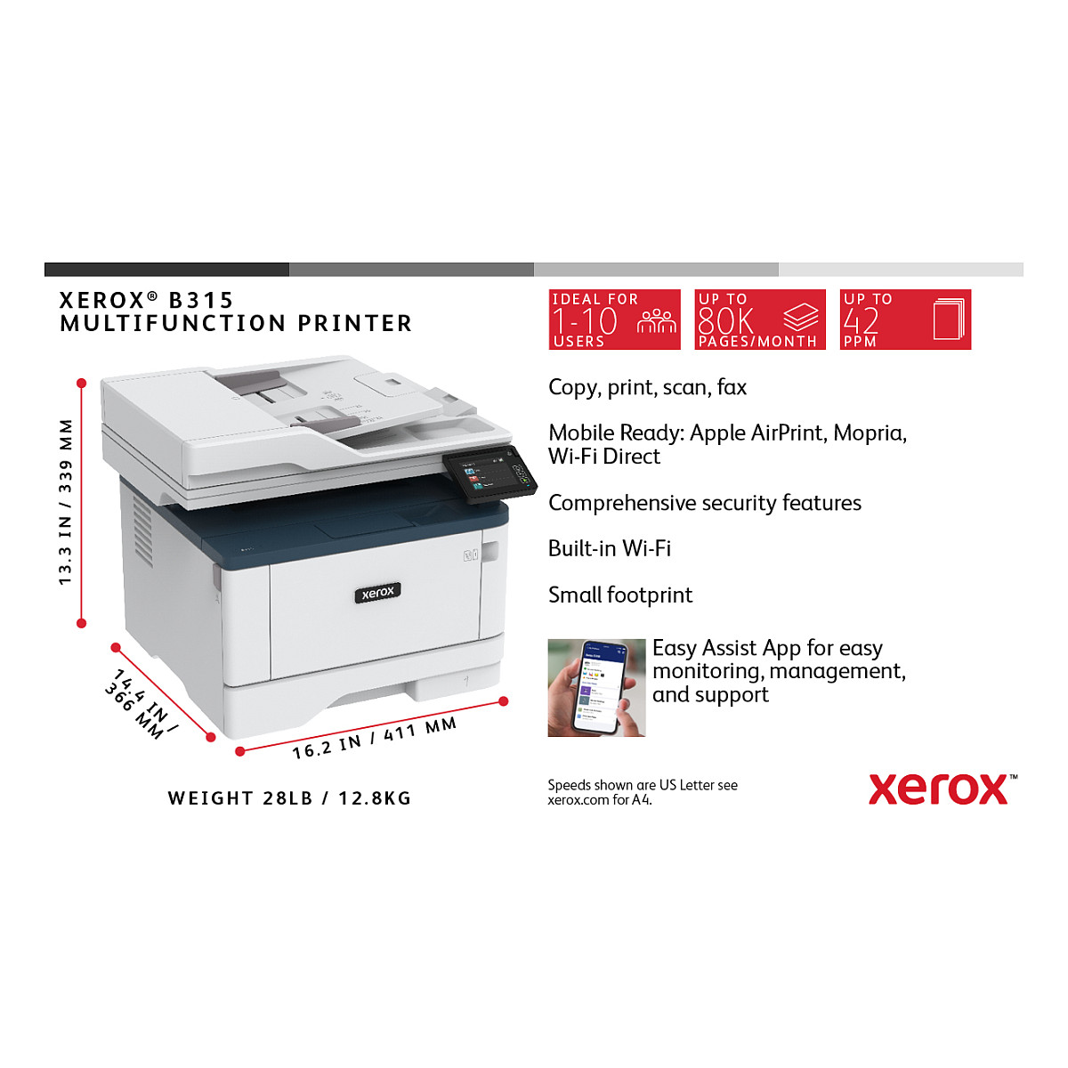 Printer Laser Xerox B315 / 4-in-1 / A4 / LAN WiFi / ADF Duplex - Bardhë / Blu - 10