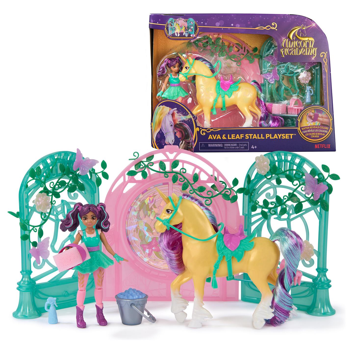 Lodra Spin Master Unicorn Academy Ava & Leaf Stall Playset – 4.5-inch Ava / 5-inch Color-Change Leaf / 15 Accessories - Mix