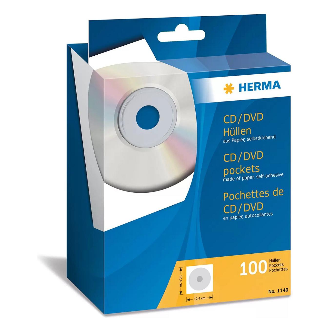 Mbështjellëse për CD/DVD HERMA 1140, 124 x 124 mm, Letër, 100 Copë, Vetëngjitëse - Bardhë