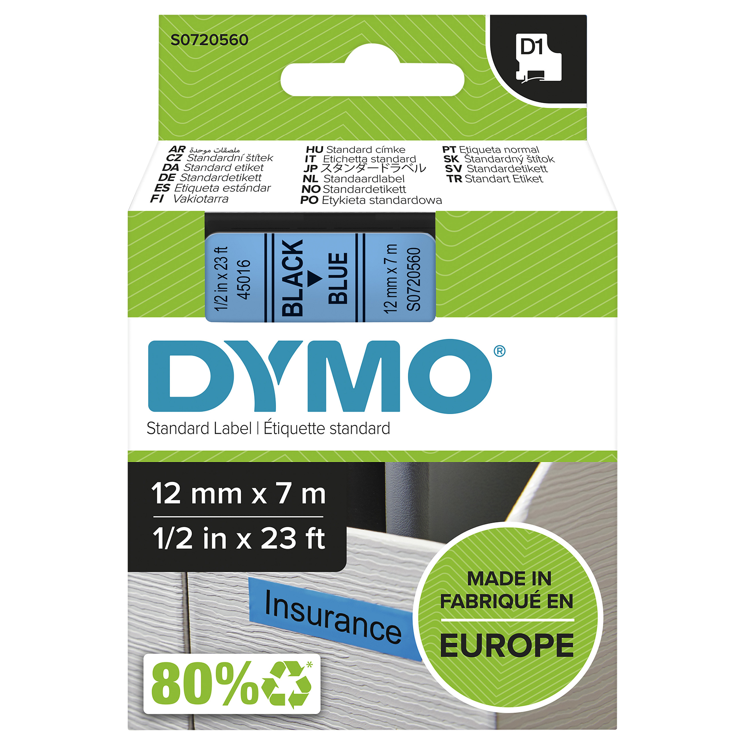 Shirit Etiketimi DYMO D1 Standard / 12 mm x 7 m / E zezë në Blu
