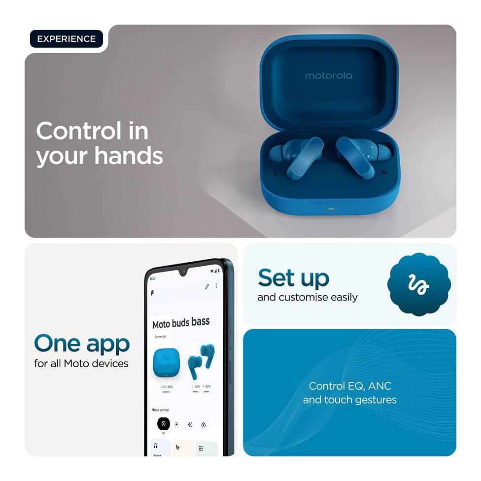 Kufje pa kabllo Motorola moto buds bass / TWS / Bluetooth 5.3 / 12.4mm / Dynamic ANC / Hi-Res Audio / 3 Mikrofona - Blu - 13