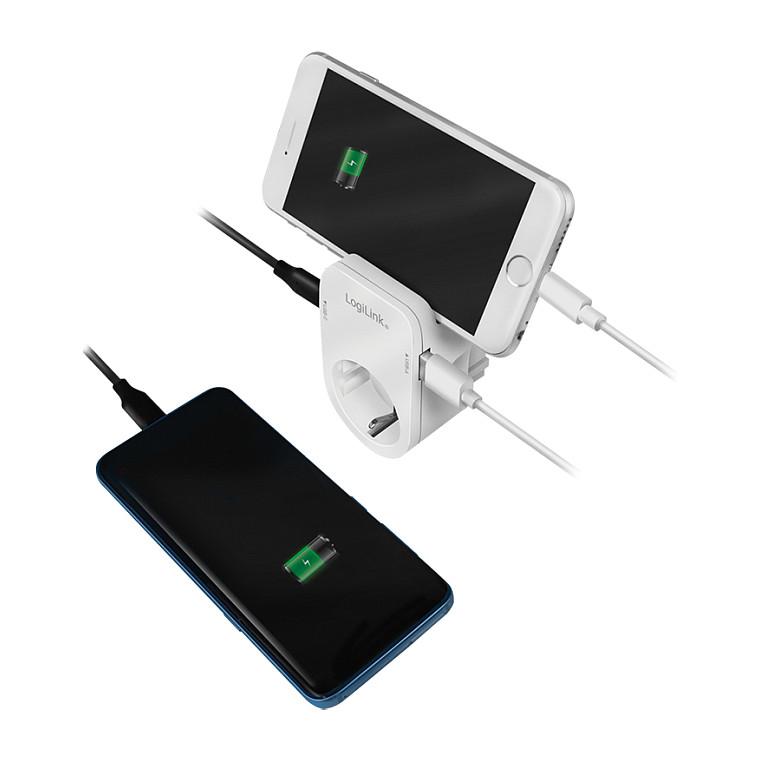 Adapter USB LogiLink PA0259 / 1x USB-A / 1x USB-C / 17W / Prizë CEE 7/3 / Mbajtëse Smartphone – Bardhë - 6