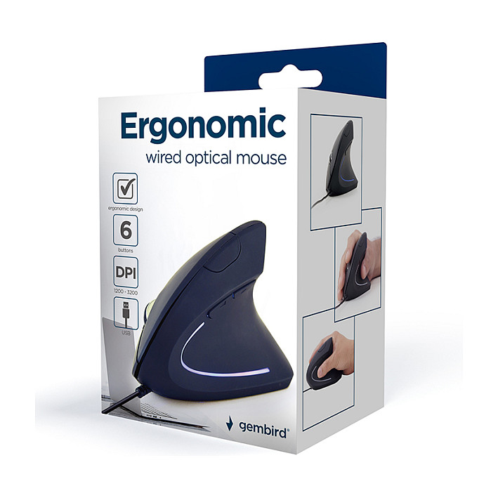 Maus me kabllo Gembird MUS-ERGO-01 / 3200 DPI / USB-A / 6 Butona - Zezë - 2