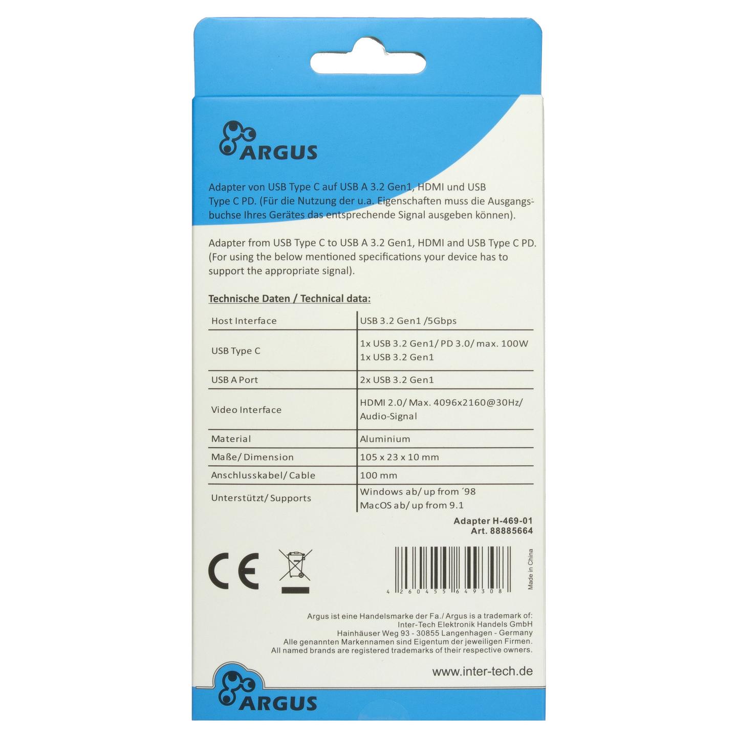Adapter USB-C Inter-Tech Argus H-469-01, 5-in-1, USB 3.2 Gen 1, 2x USB-A, USB-C, HDMI 2.0, Power Delivery 100W - Zezë - 3