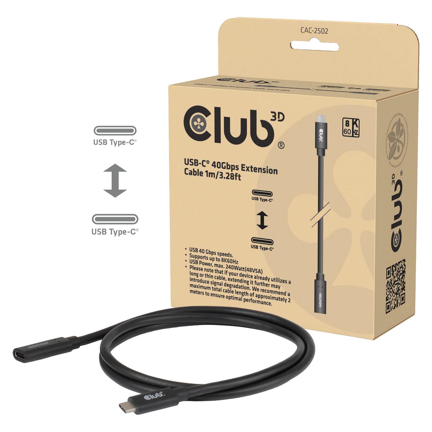 Kabllo USB Club 3D CAC-2502 / USB-C Mashkull në USB-C Femër / 40 Gbit/s / 240W / 8K@60Hz / 1m - Zezë