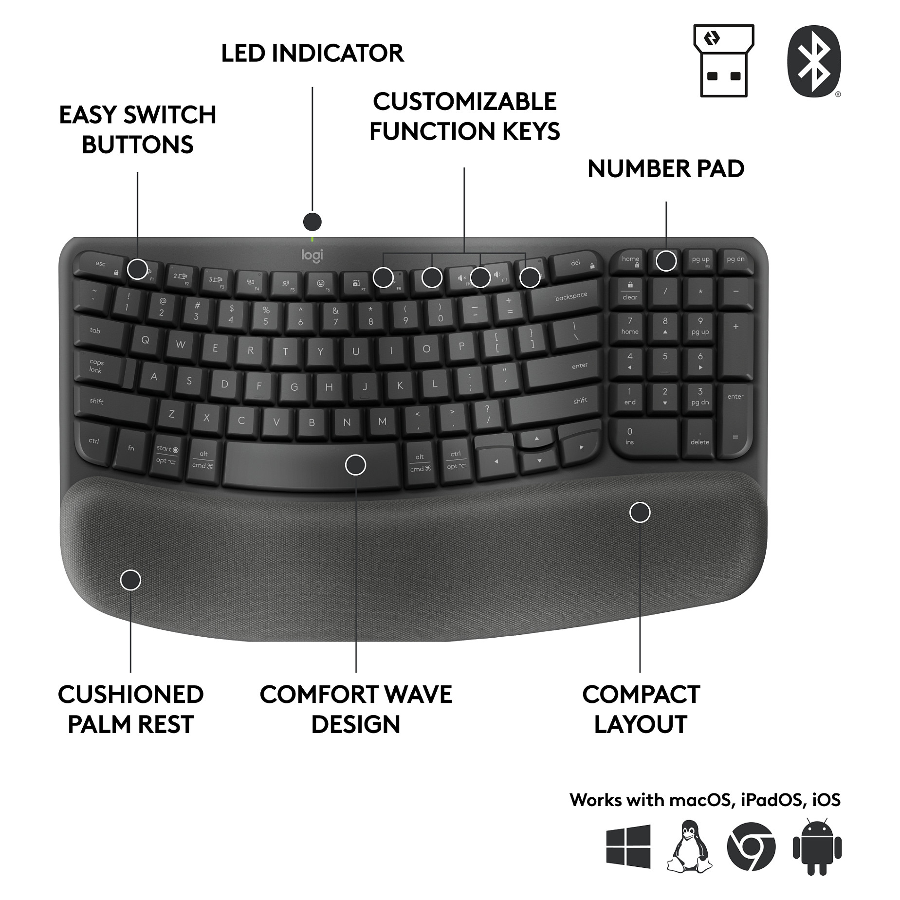 Tastierë Pa kabllo Logitech ERGO Wave Keys / Full-Size / Ergonomike / Membrane / Bluetooth + 2.4 GHz / QWERTY US - Zezë - 9