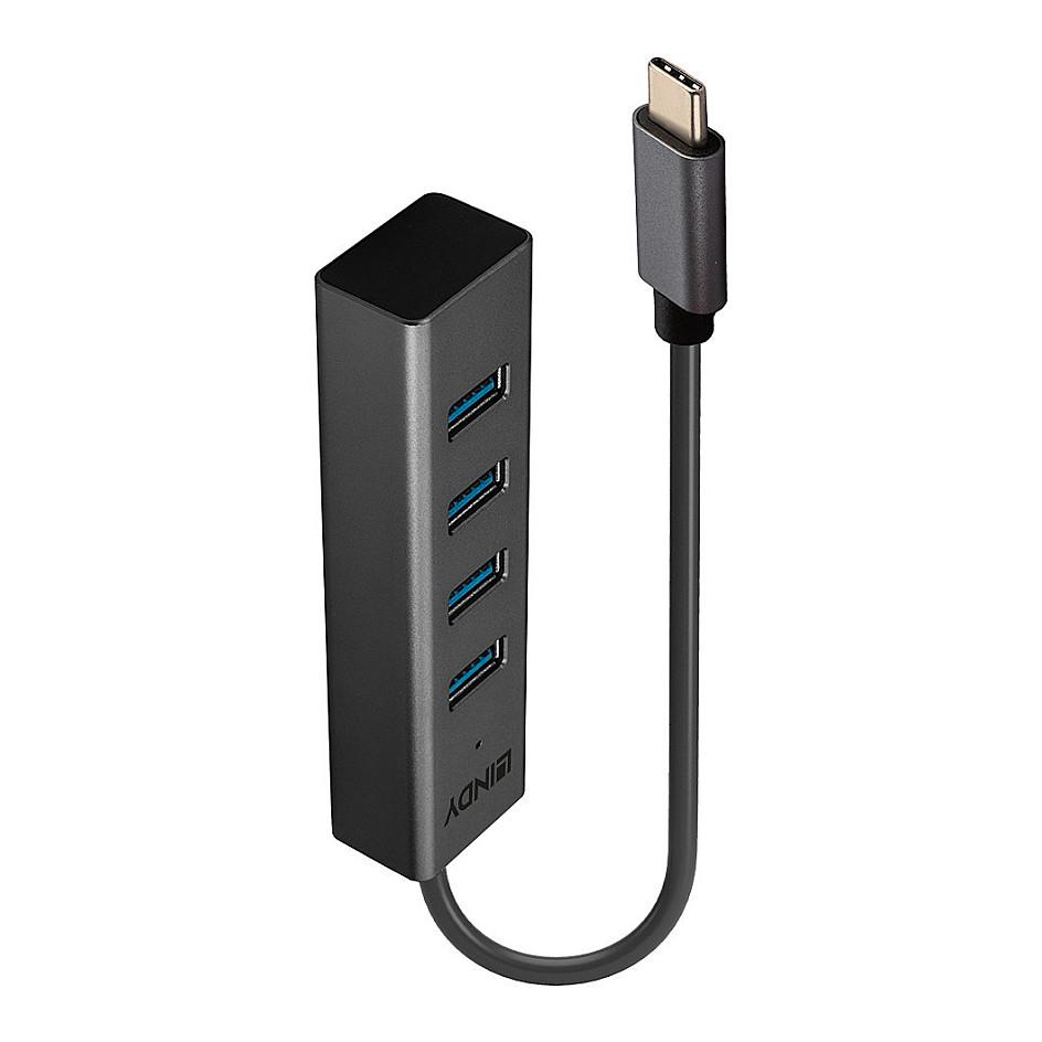 Hub USB Lindy 43325, USB-C në 4x USB-A, USB 3.2 Gen 1, 5 Gbit/s, kabllo 30 cm - Gri