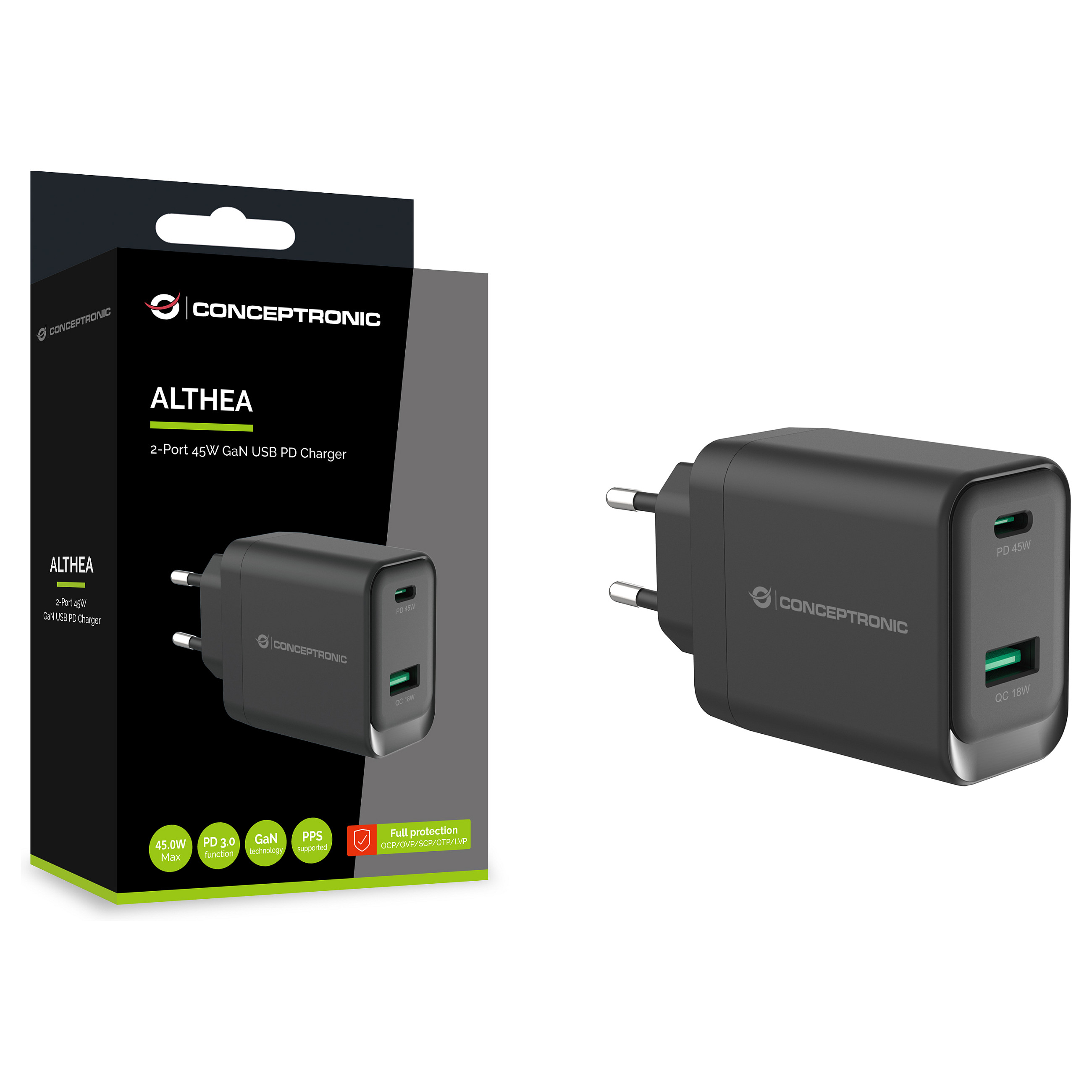 Karikues Conceptronic ALTHEA20B45 / GaN / 45W / USB-C / USB-A / PD 3.0 / QC 3.0 / PPS - Zezë - 5