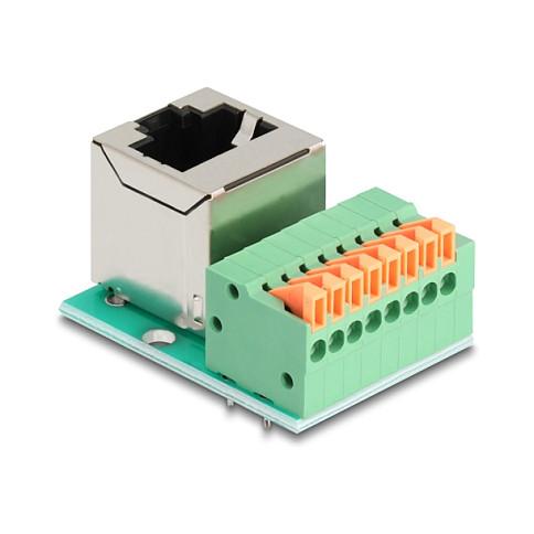 Adapter për Rrjet DeLOCK 90653, Cat.5e, RJ-45 Femër 90° në Terminal 8-Pin, me Butona për Lidhje pa Vegla - Gjelbër, Argjend - 2