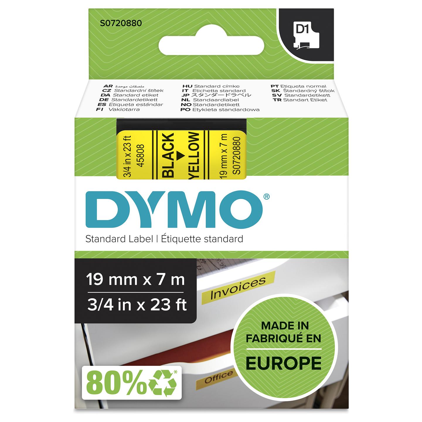 Shirit Etiketimi DYMO D1 Standard S0720880, 19 mm × 7 m, Tekst i Zi në Shirit të Verdhë