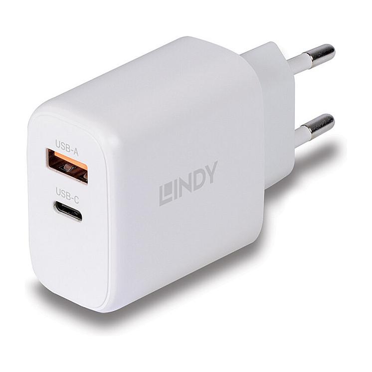 Karikues Lindy USB-A dhe USB-C, GaN, 65W, Power Delivery 3.0, PPS - Bardhë