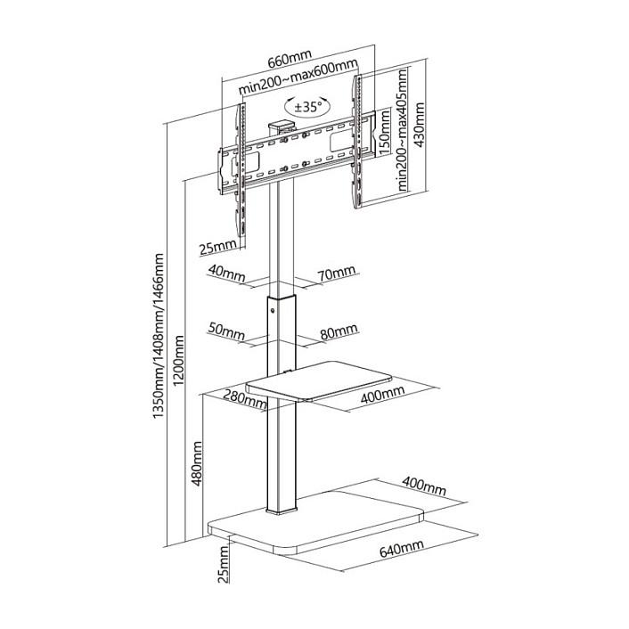 Mbajtëse për TV Equip 650613 , 37–75" , deri 40kg , për dysheme , lartësi e rregullueshme , e rrotullueshme ±35° , VESA 200x200–600x400 - Zezë - 14