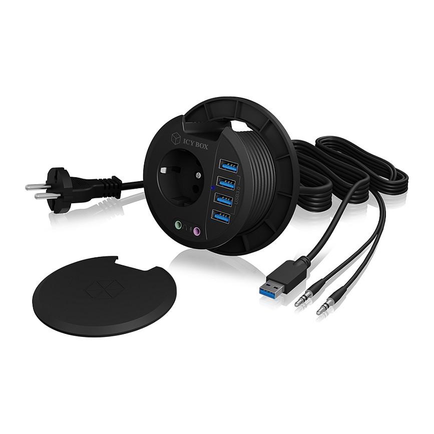 Hubs ICY BOX IB-HUB1430, USB 3.2 Gen 1, 4x USB-A, 2x Audio 3,5mm, Prizë 230V - Zezë - 2